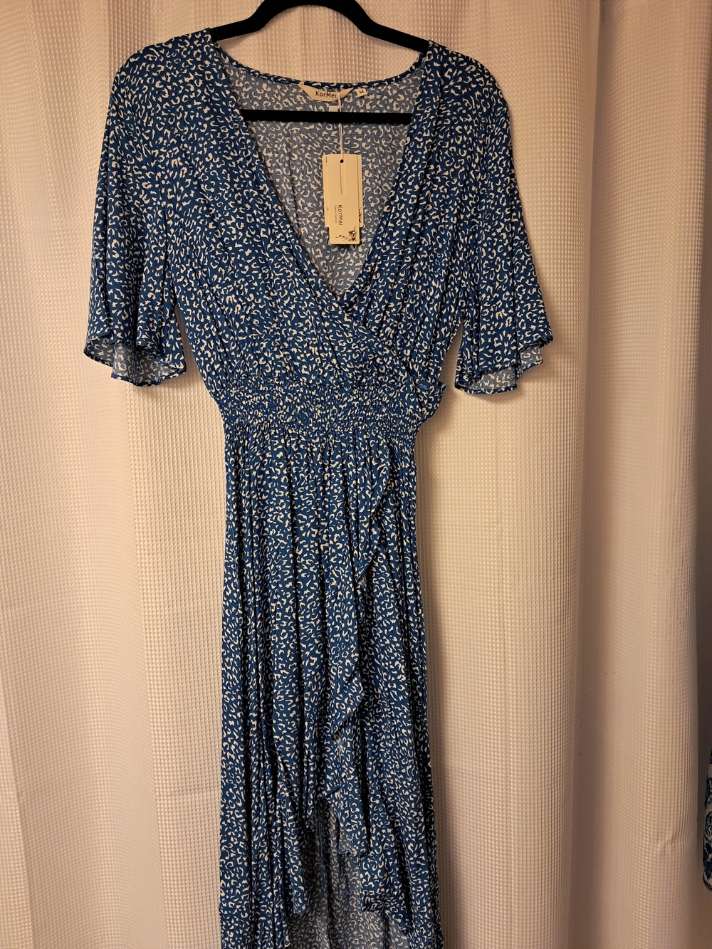Blue Printed Wrap Maxi Dress with Smocked Waist